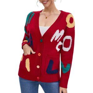 Women's Sheep Embroidered Sweater V-Neck Cardigan Red Size Medium